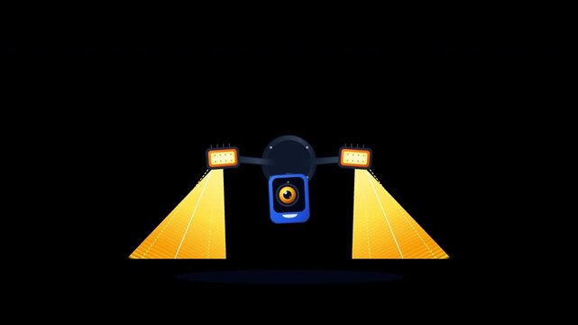 Flat vector outdoor floodlight camera with dual adjustable LED light pods and motion tracking lens in seamless loop on transparent background.