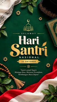 Selamat Hari Santri Nasional vertical greeting design featuring holy Quran, prayer beads, Indonesian flag, kopiah hat, and golden typography on a dark green background