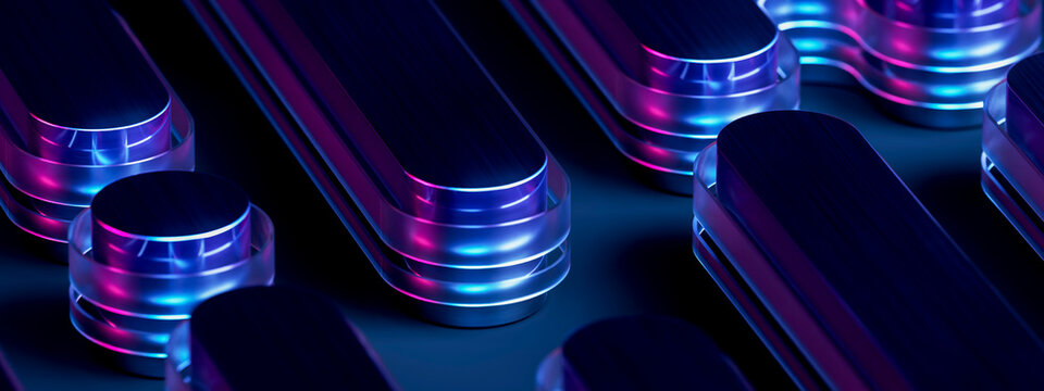 Futuristic Modular Architecture with Transparent Blue Glass and Magenta Edge Light 3D Illustration