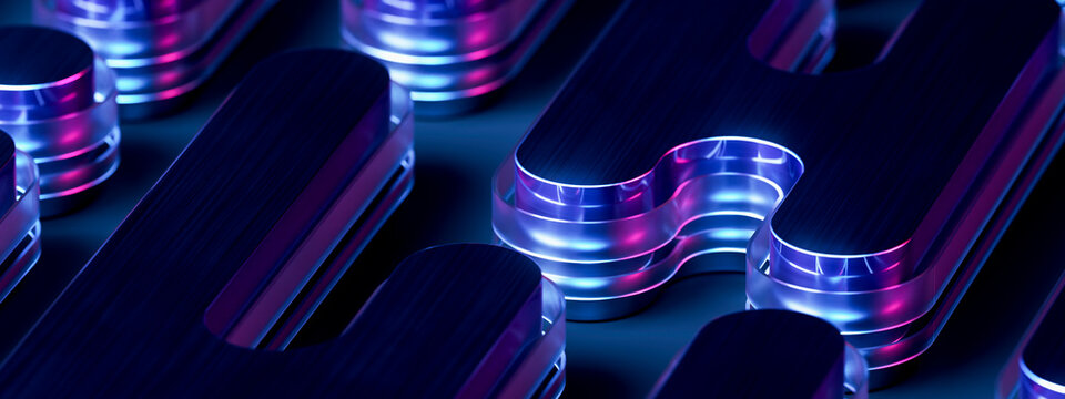 Interlocking Industrial Components in Electric Blue and Violet Metallic Finish 3D Illustration