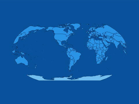 Oval world map with light blue countries, dark boundary lines, and continent shapes on a deep blue background.