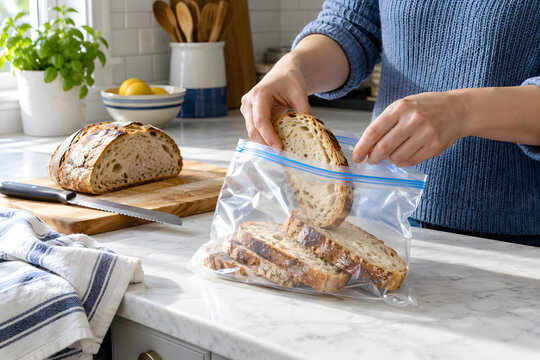 Sliced homemade bread being packed for freezing