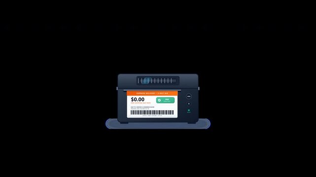 Compact desktop thermal shipping label printer dispensing free shipping barcode label with rotating feed roller in seamless 4k alpha loop.