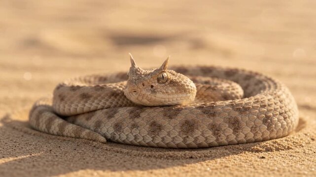 Cinematic Macro Portrait of a Saharan Horned Viper Coiled on Golden Desert Sand with Vertical Pupils and Distinctive Eye Horns