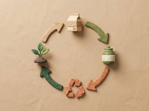 Circular Economy Concept: A circular representation showcasing the lifecycle of products, from packaging and consumption to recycling and resource regeneration.
