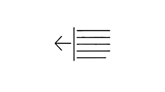 Left arrow beside a vertical margin bar and five text lines, a black vector icon for toolbar paragraph outdent controls in word processors.
