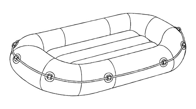 Inflatable river raft with rounded buoyant tubes, a flat floor and a safety rope looping its perimeter through D-rings, drawn as a line vector icon for whitewater rafting adventures