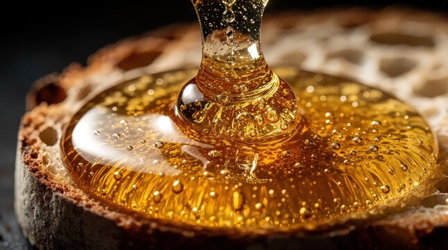 Golden liquid honey pours onto thick slice of crusty bread. Sweet nectar flows over baked grain loaf creating delicious breakfast meal. Close up macro shot of sticky organic syrup dripping on fresh