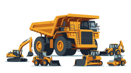 Set of heavy yellow construction machinery featuring a massive mining dump truck, hydraulic excavator, bulldozer, wheel loader, backhoe, and road roller isolated on a white background. © OmDimas