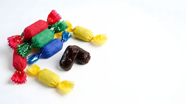 Traditional Javanese madu mongso sticky rice candies in colorful wrappers with two unwrapped pieces on white.