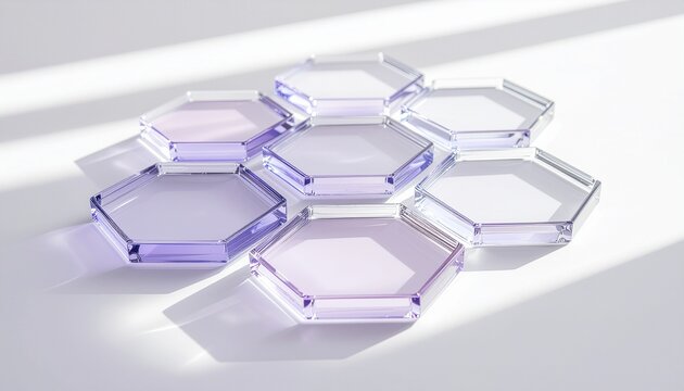 Light purple transparent hexagonal glass plates on clean white surface