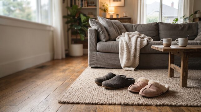 Cozy Living Room Scene: A pair of comfortable slippers rests on a textured rug in a warm, inviting living room, hinting at a relaxing evening at home.