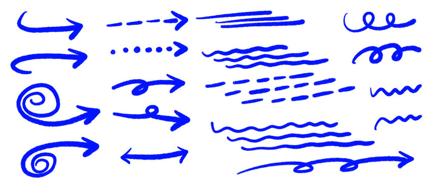 Blue hand drawn curved arrows and scribble lines set featuring spiral pointers dotted and dashed arrows a double headed arrow looping curls wavy lines and textured freehand brush strokes