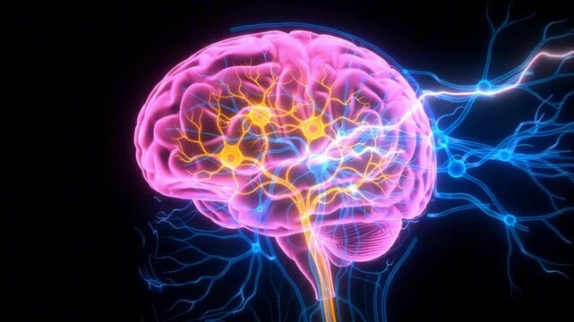 Glowing pink human brain with yellow neurons and blue electrical signals firing inside a neural network on a dark background.