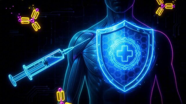 Glowing neon blue vaccine syringe injecting into a human shoulder with a protective shield and yellow antibodies floating around on a dark background.