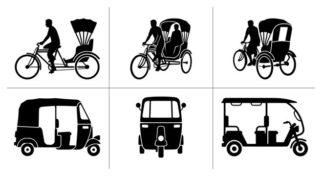 Rickshaw and auto rickshaw silhouettes set with passenger transport for logo and signage