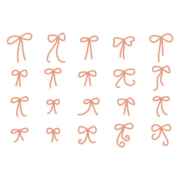 Hand drawn peach ribbon bows feature graceful loops, flowing tails, and varied curved shapes, ideal for stationery, packaging, invitations, labels, and elegant decorative designs.