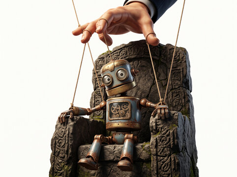 A giant human hand controlling a small rusty robot puppet on a stone throne, concept of manipulation, political puppet, or AI control 3D illustration

