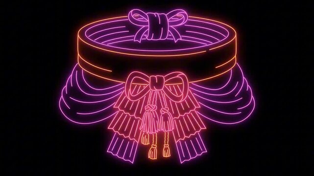 Sumo mawashi belt neon glowing sign on black background, traditional Japanese wrestling gear icon, purple and orange light symbol.