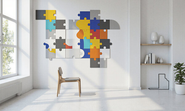 Puzzle wall interior featuring colorful interactive jigsaw pieces in a modern room for creative decoration and play
