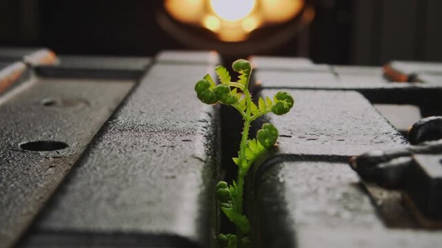 Macro shot of a small green fern sprout unfolding through a narrow gap in a dark metal structure under warm light