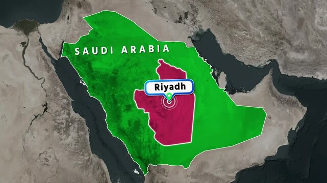 Saudi Arabia Map Animation Highlighting Riyadh Region with Location Pin