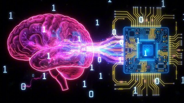 Quantum AI concept glowing pink human brain connected to a blue microchip via neon light circuits with floating binary code on a dark background.