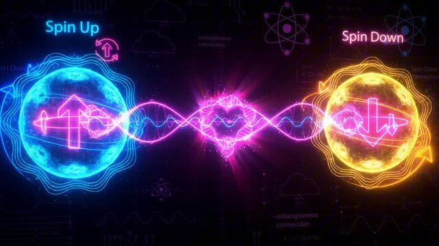 Quantum entanglement concept showing blue spin up and orange spin down glowing particles connected by pink energy waves on a dark scientific background.