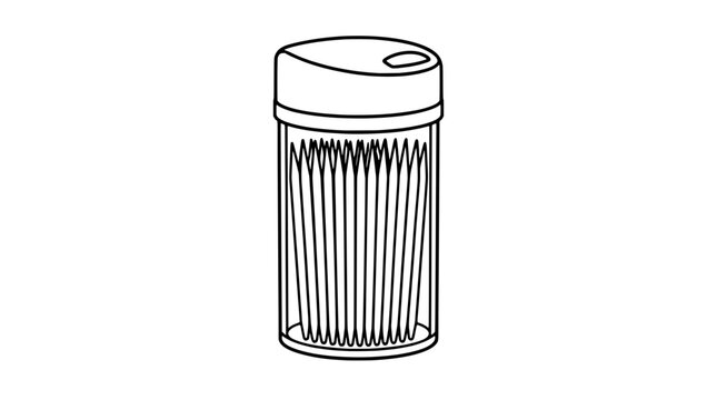 Black outline vector icon of a transparent cylindrical toothpick holder filled with a row of sharp pointed picks and a slotted dispenser cap rendered in thin clean lines with upright presentation