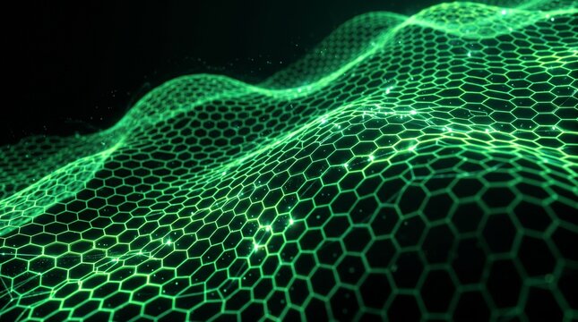 Abstract green glowing hexagonal grid wave pattern representing