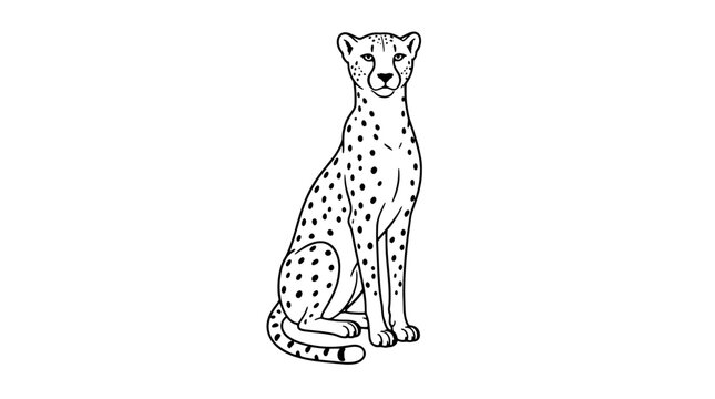 Black outline vector icon of a seated spotted cheetah facing forward with dotted coat pattern rounded ears and long tail wrapped beside paw drawn with medium lines in vertical centered pose