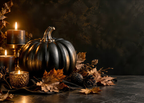 A still-life image featuring a luxurious black pumpkin, a glowing candle, and fallen leaves against an elegant Halloween-themed background.