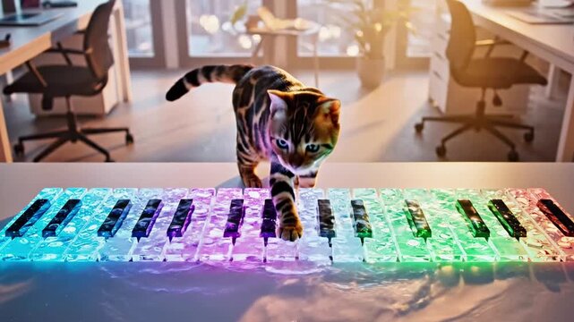 Bengal cat walks across glowing neon piano keyboard.