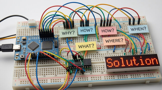 Problem solving concept with microcontroller breadboard wiring, colorful jumper wires, question word notes, and digital LED display showing solution text
