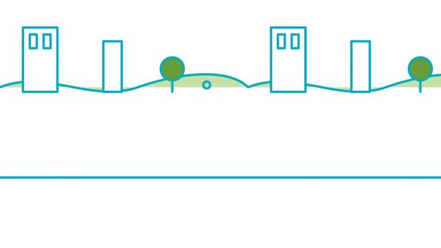 Seamless looping animation of a minimalist cityscape with green hills, buildings, and trees scrolling horizontally across a clean white background with a simple horizon line below