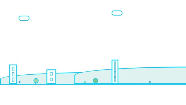 Seamless looping horizontal scrolling vector animation background featuring a minimalist cityscape with modern buildings and trees under a clean sky for digital design and multimedia projects