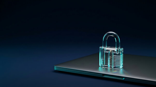 Transparent glass padlock sitting on a closed laptop computer for
