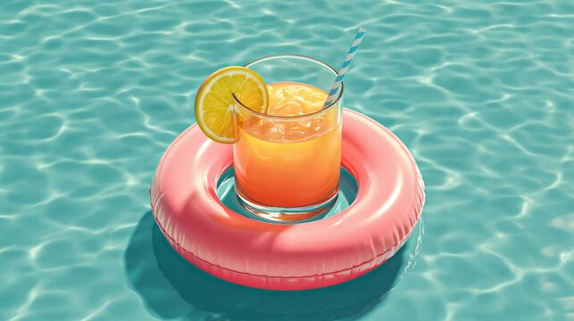 Orange citrus drink in clear glass resting on pink inflatable ring floating in bright turquoise swimming pool water, refreshing summer beverage scene