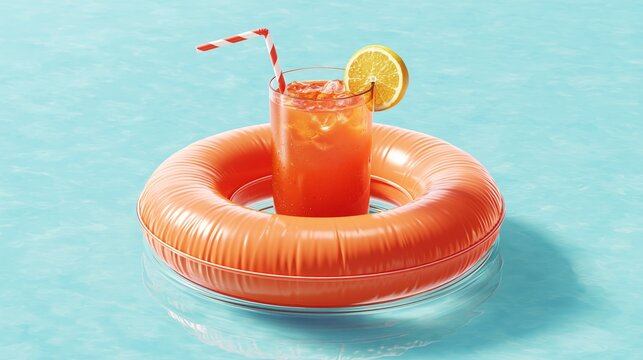 Orange citrus drink in clear glass resting on pink inflatable ring floating in bright turquoise swimming pool water, refreshing summer beverage scene