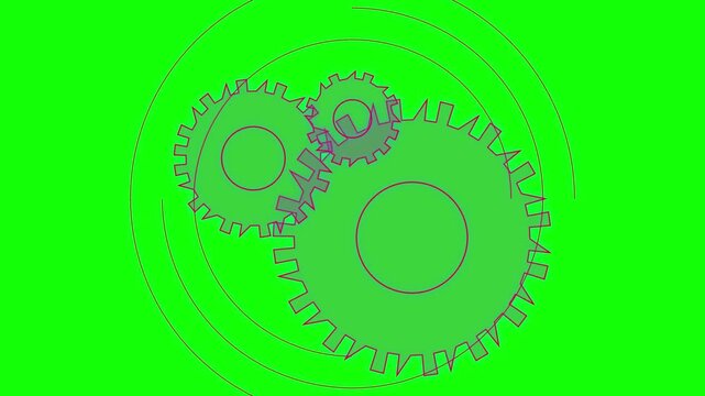 Rotating mechanical gear assembly holographic animation isolated on green screen background for digital integration