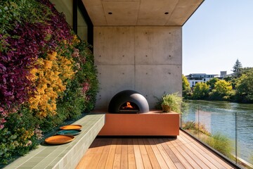 Fototapeta premium Riverside balcony with black domed pizza oven and vertical plant wall on a wooden deck for outdoor cooking background and modern terrace design