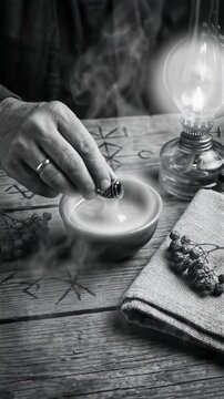 Man performing dark ritual with ring in steaming bowl. Occult practice with vintage lamp on wooden table. Conspiracy theory and mind control magic ceremony symbol. Vertical video