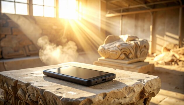 Rugged industrial data scanner resting on an ancient carved stone temple frieze fragment inside an archaeological excavation site