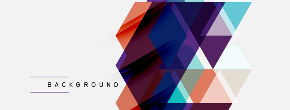 Abstract geometric shapes overlap, creating dynamic visual texture. Colors include blue, purple, orange, pink. Minimalist design with text label.