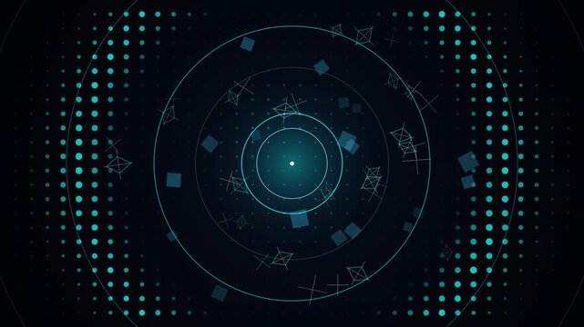 Abstract Futuristic Sci-Fi HUD Radar Motion Background | Glowing Cyan Tech Halftone Circle Loop   