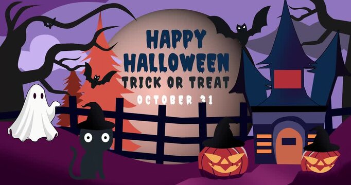 Purple night sky with flying bats. Purple moon shines above dark castle. Orange trees and ghost stand near fence. Jack-o'-lanterns glow beside witch hats. Happy Halloween text in bold blue letters