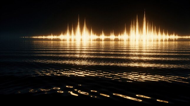 Abstract glowing golden waveform rises from dark ocean water. Bright light ripples across sea surface like music equalizer sound frequency. Digital art shows energy wave with intense light energy in