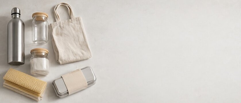 Flat Lay of Eco-Friendly Household Products for Sustainable Living on White Stone Background
