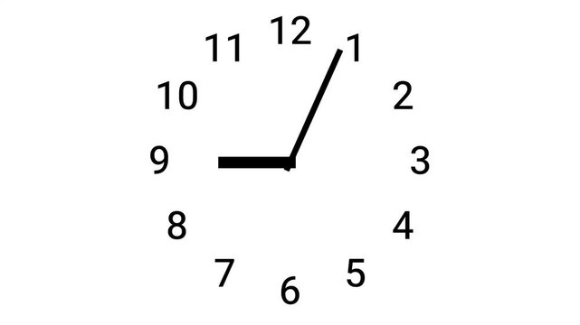 Minimalist clock face showing five minutes past nine o'clock isolated on white background.