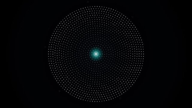 Abstract Futuristic Glowing Cyan Core Halftone Radial Sphere Loop | Circular Dot Matrix Motion Background